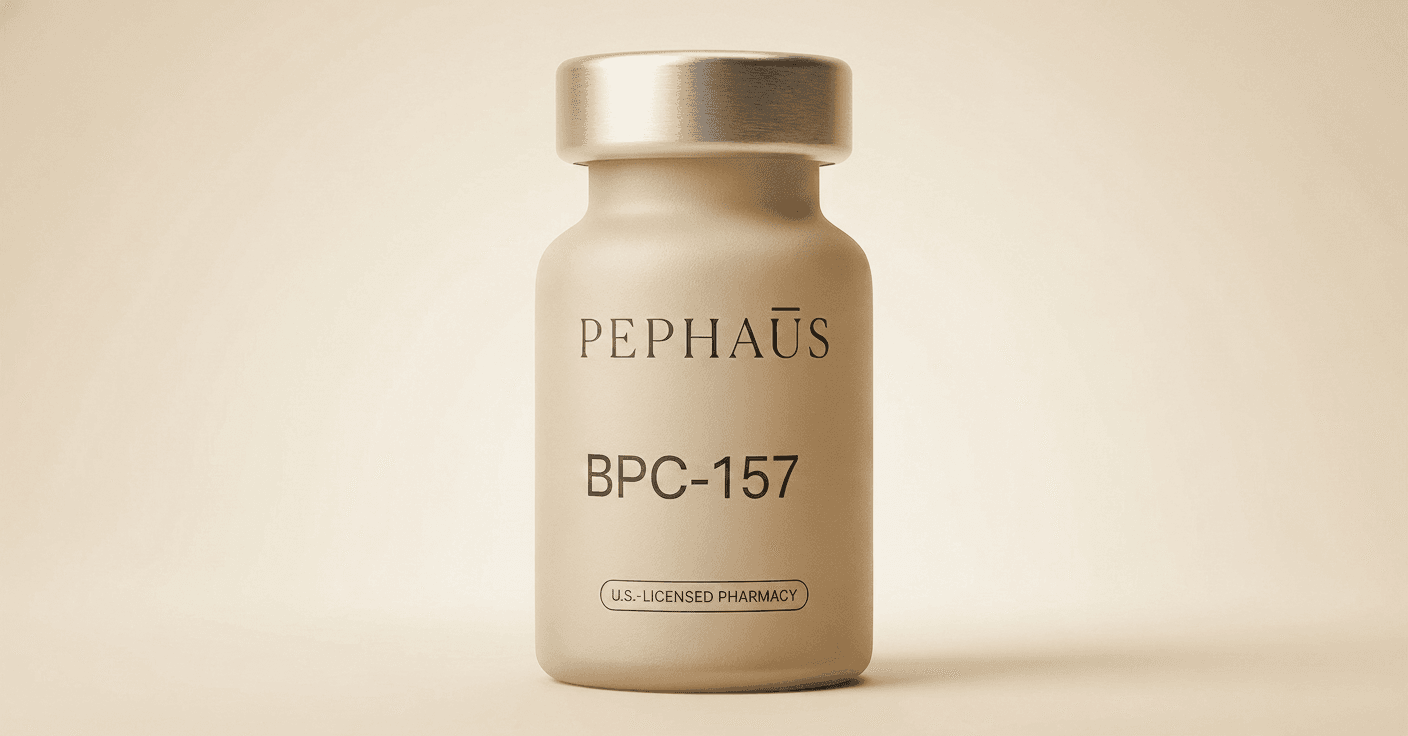 PEPHAUS BPC-157 bottle staged on cream linen against a soft-focus Sedona red-rock backdrop