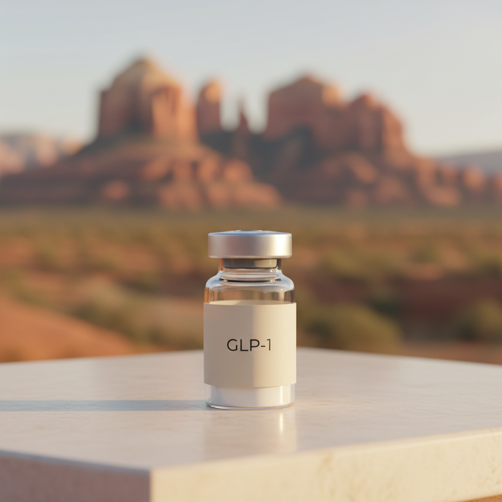 A single treatment vial on a warm stone surface in Sedona light