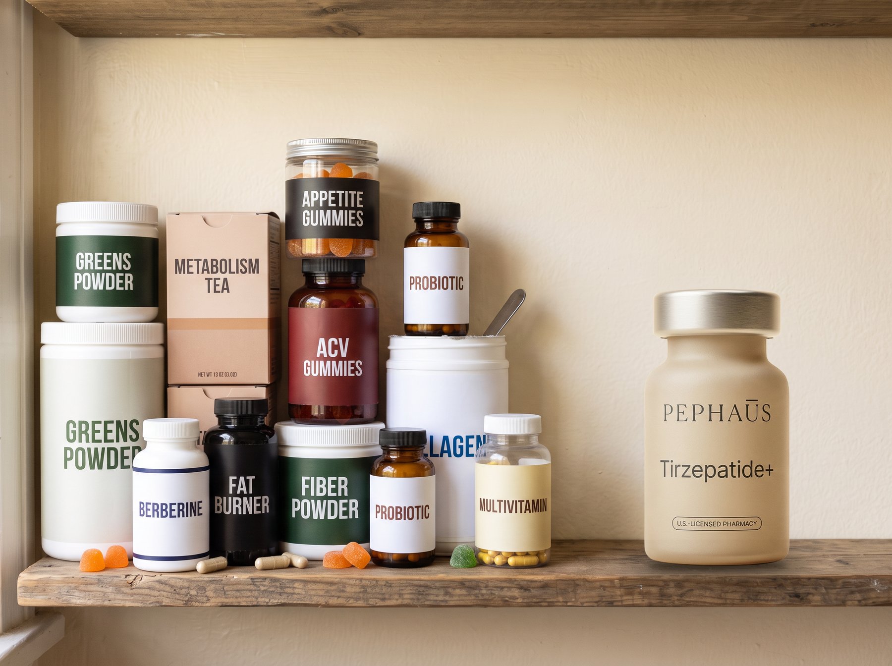 A cluttered shelf of supplements on the left and a single PepHaus tirzepatide vial on the right of the same shelf